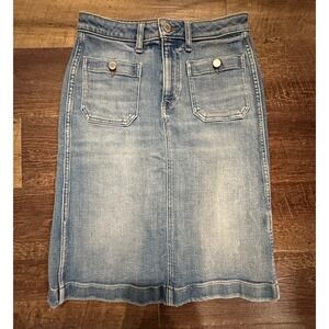 Banana Republic Petite Denim Midi Skirt 70s Retro Patch Pocket Blue 4P